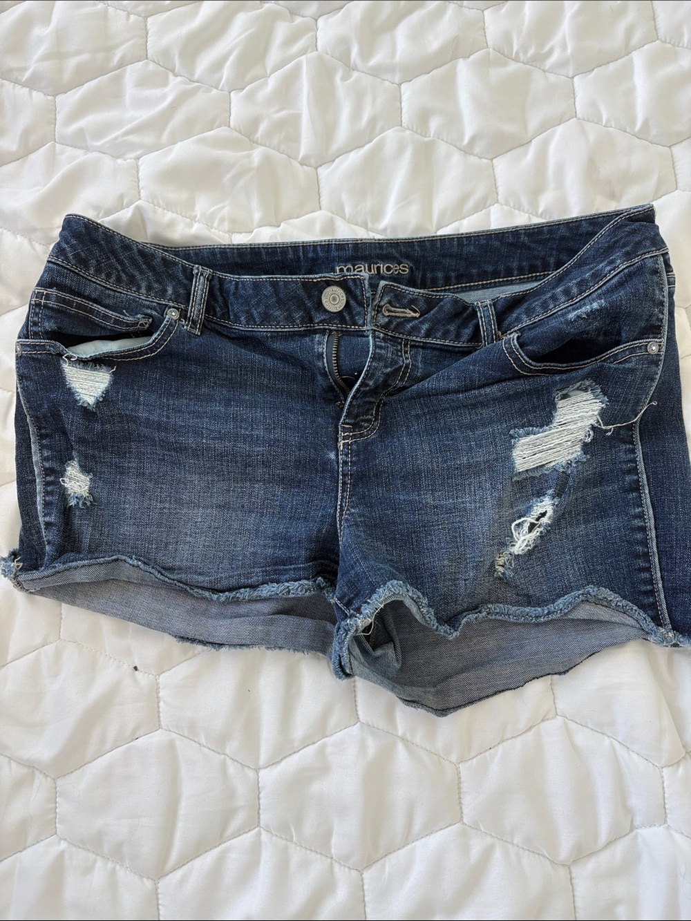 Maurices Distressed Dark Blue Denim Cutoff Shorts